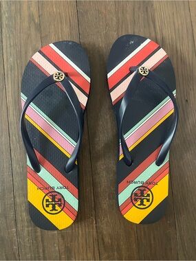 Tory Burch Navy and Multicolor Striped Flip Flops Size 9